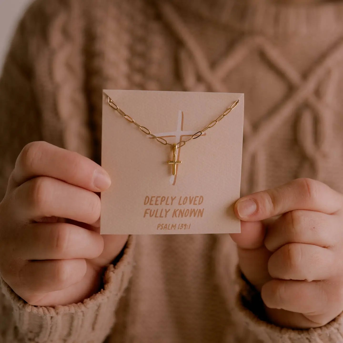 'DEEPLY LOVED' GOLD CROSS NECKLACE