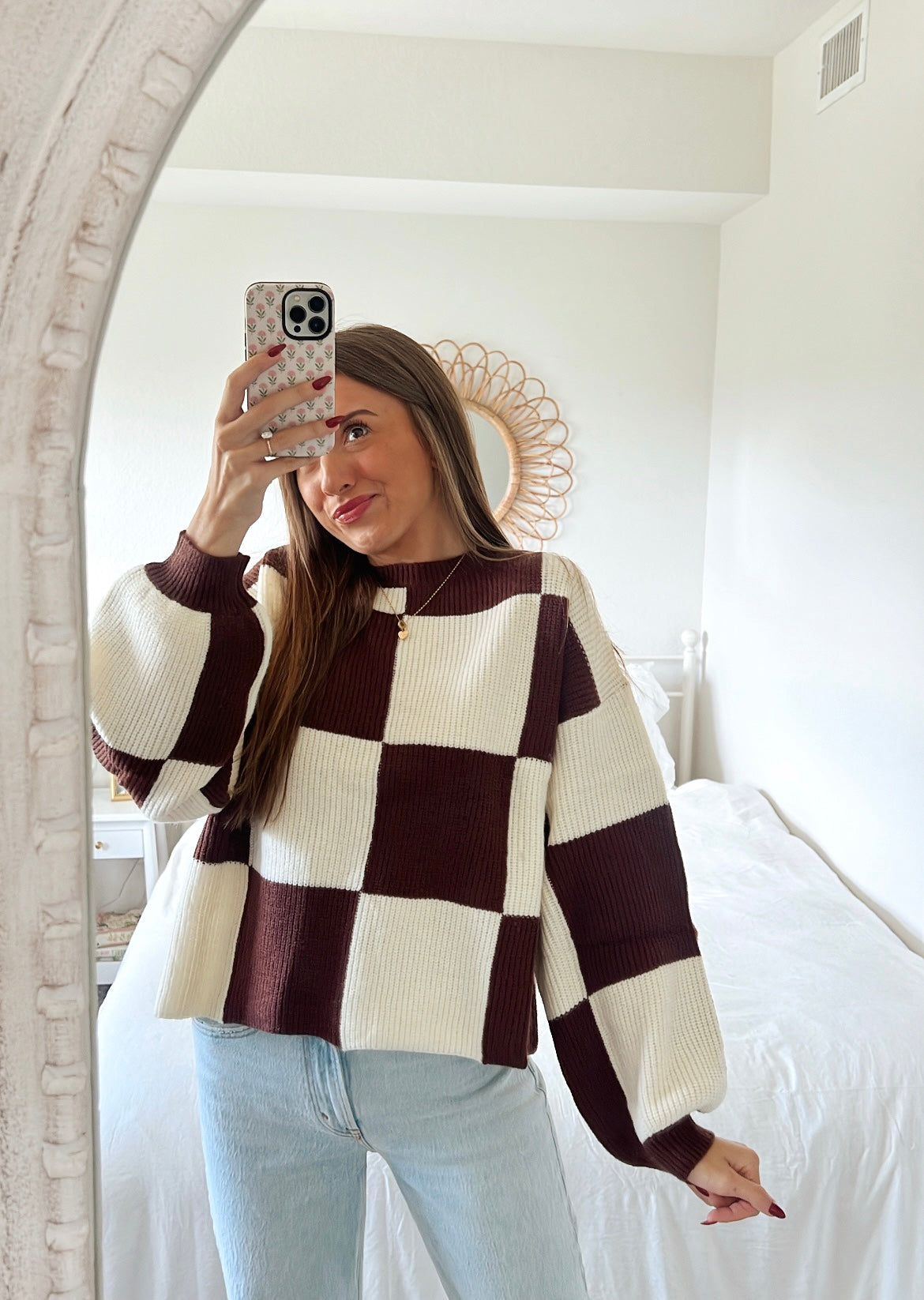 CHOCOLATE CHECKERED KNIT TOP