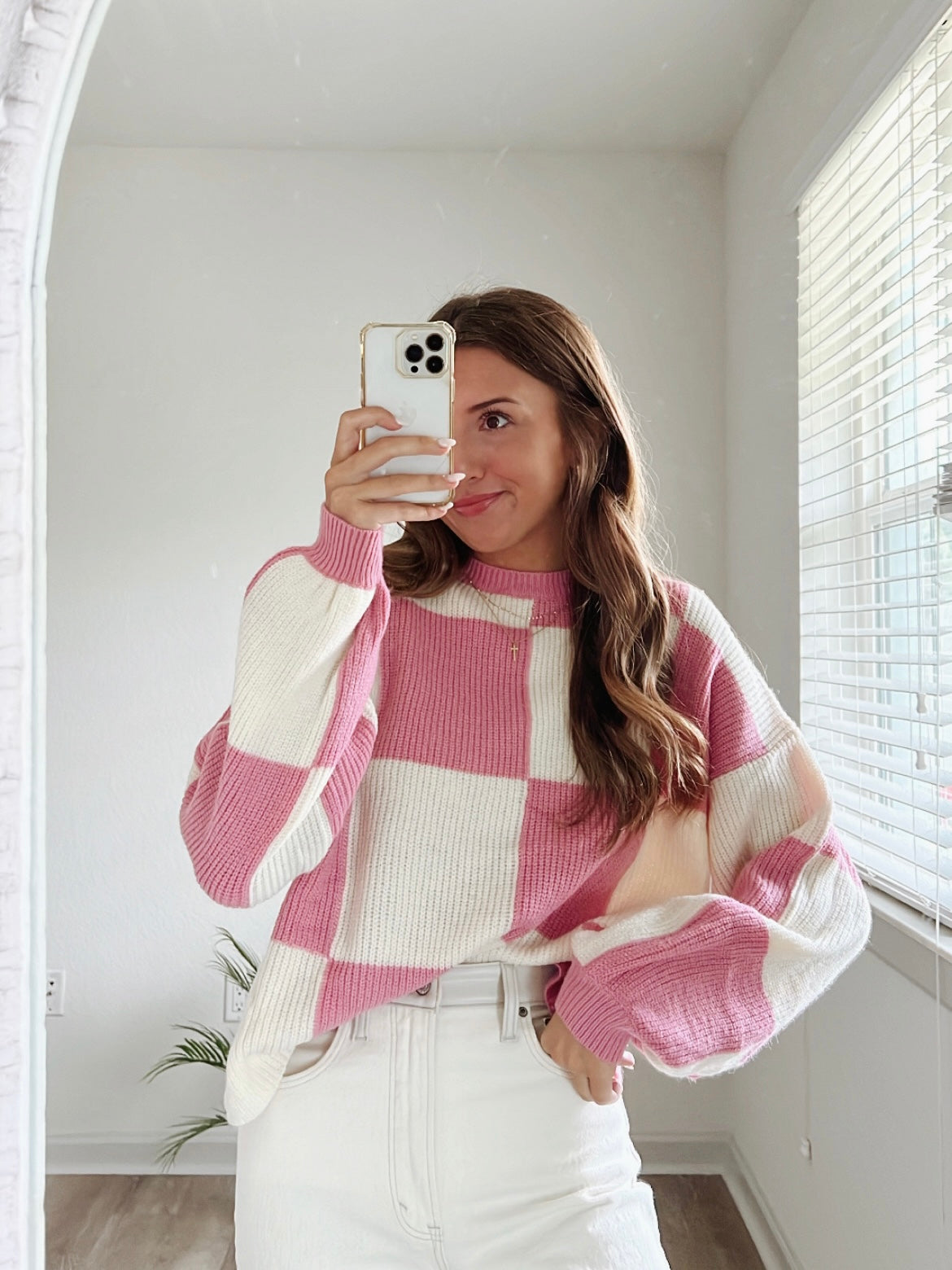 PINK CHECKERED KNIT TOP