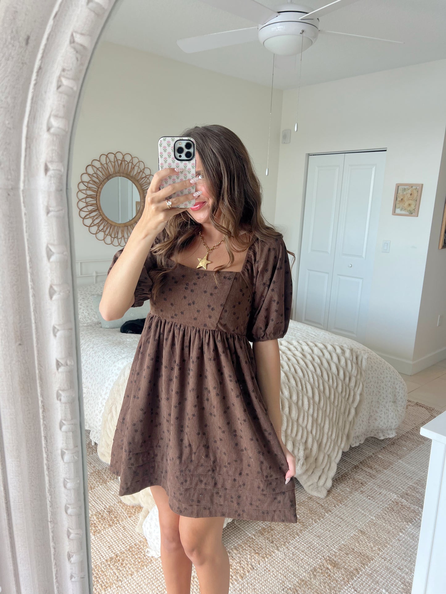 MEADOW MINI BABYDOLL DRESS - CHESTNUT
