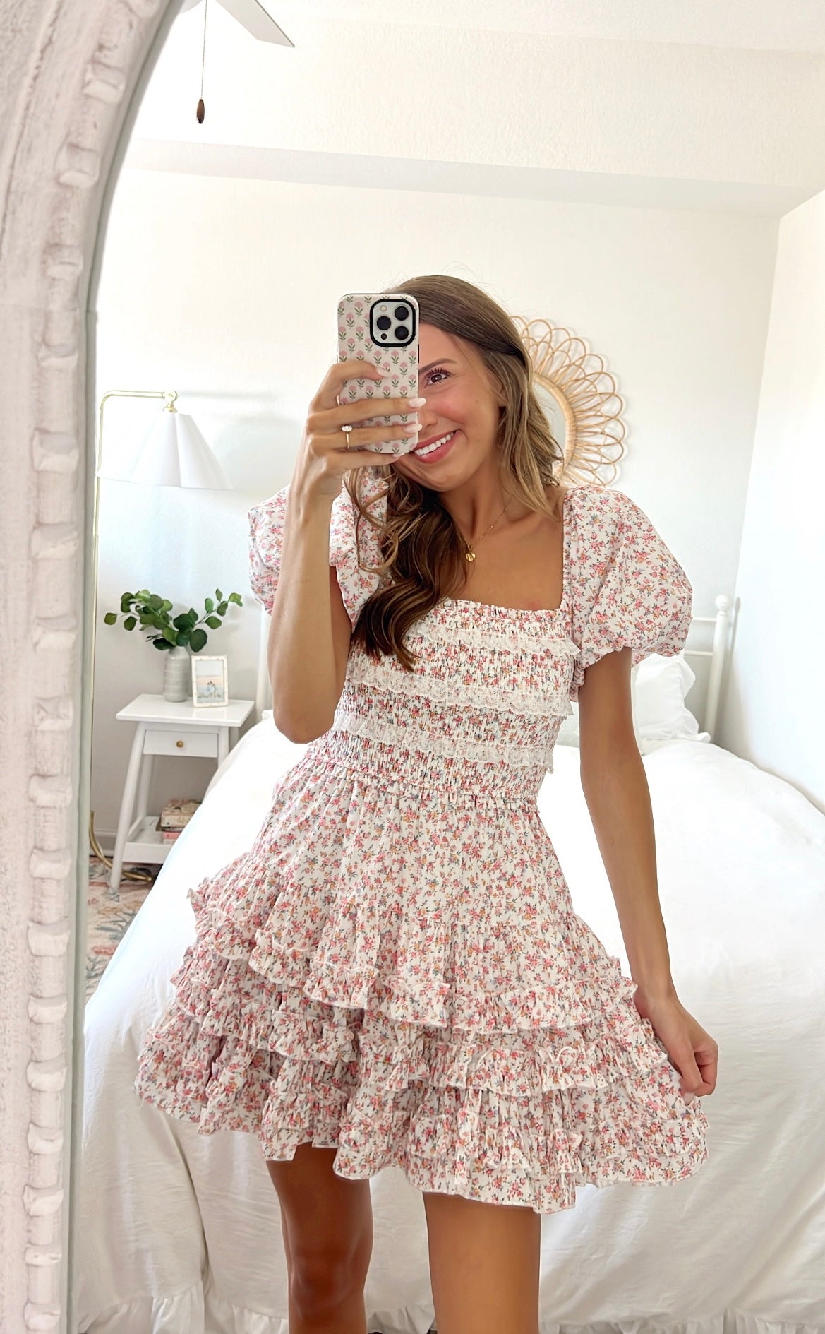 LACE TRIM MINI DRESS - PINK