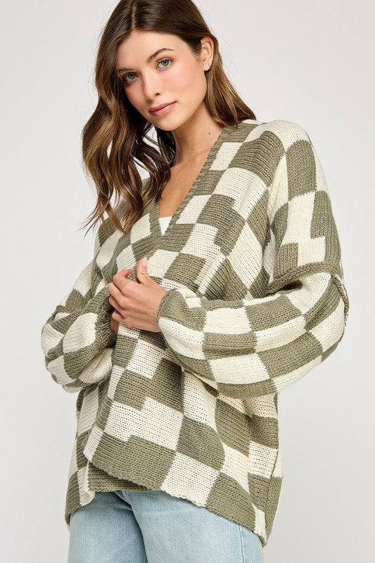 Lola Checkered Cardigan - Olive
