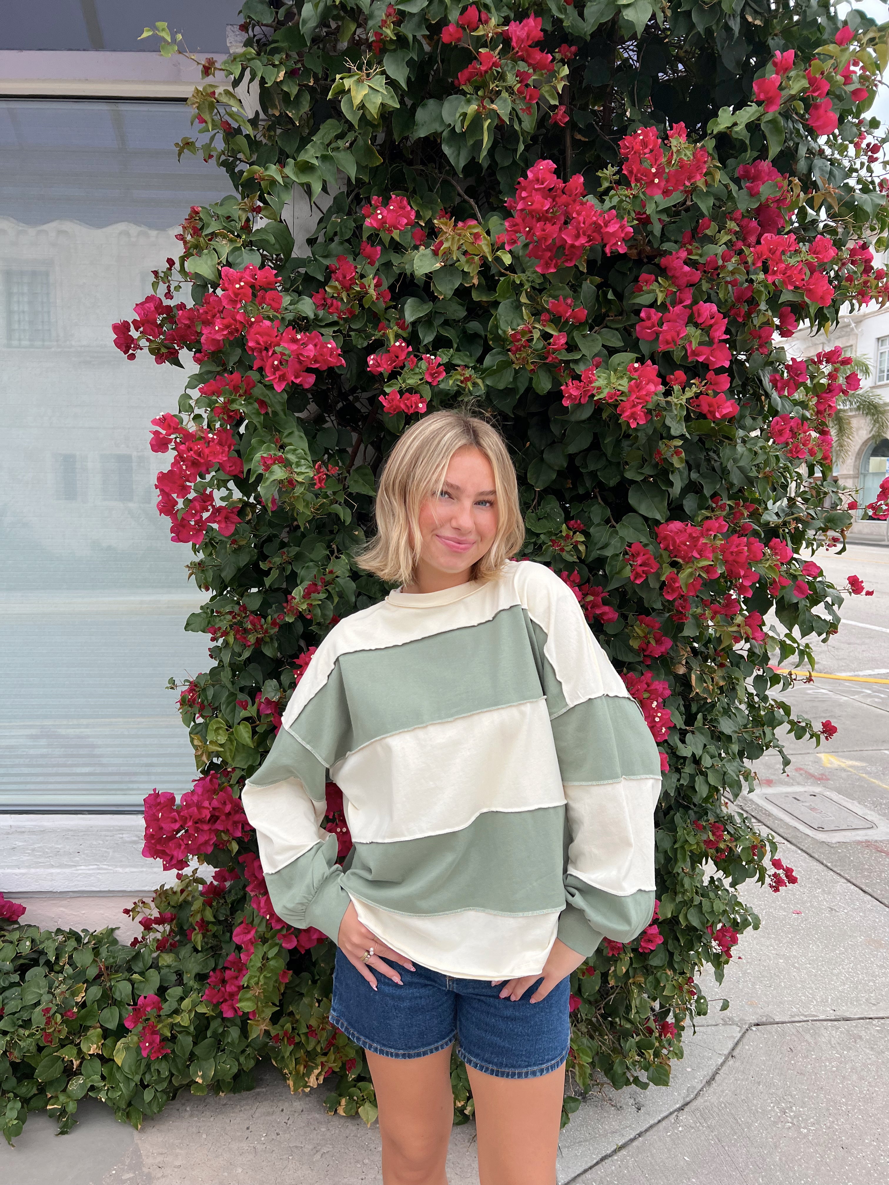 Millie Oversized Stripe Crew - Sage