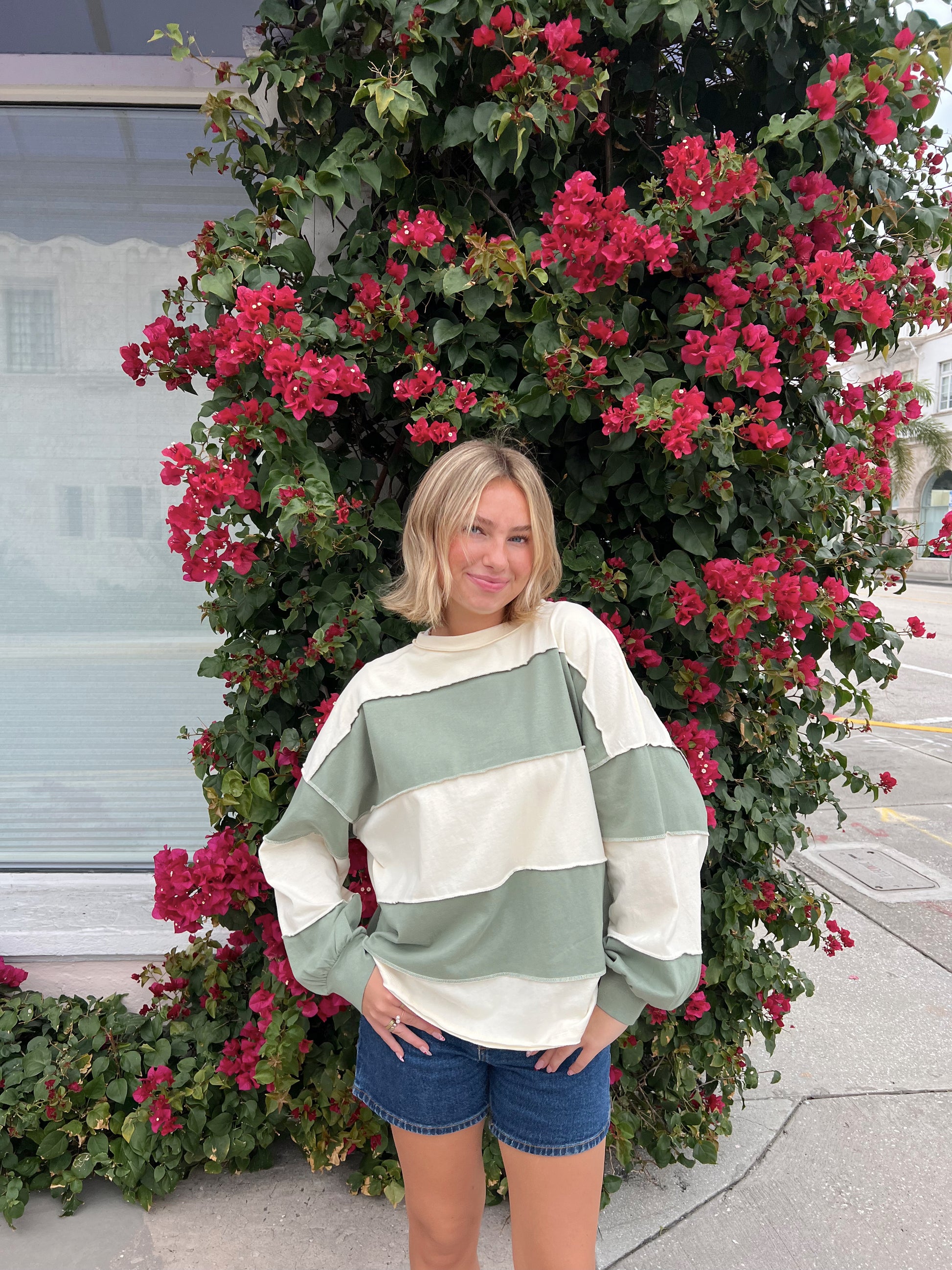 Millie Oversized Stripe Crew - Sage