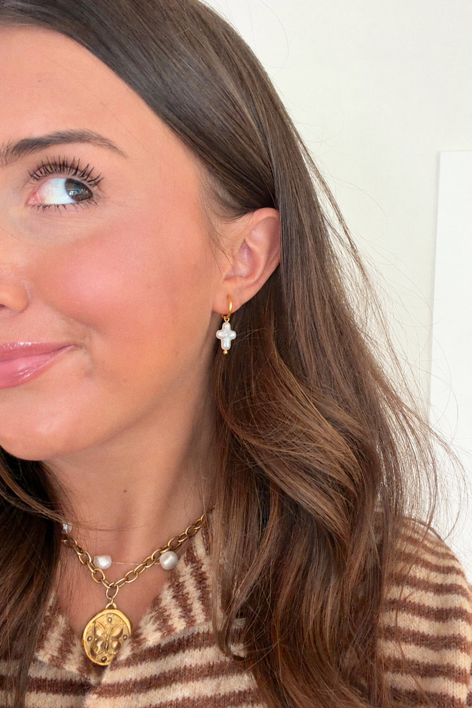 Mini Pearl Cross Hoops