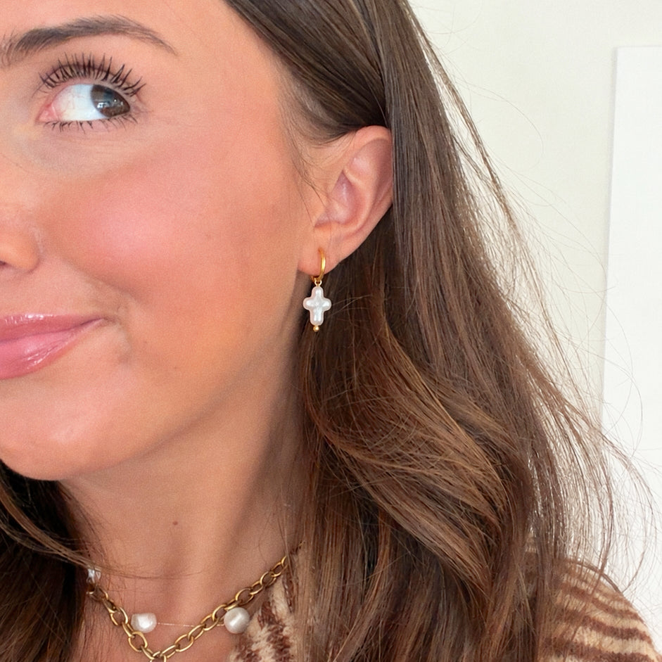Mini Pearl Cross Hoops