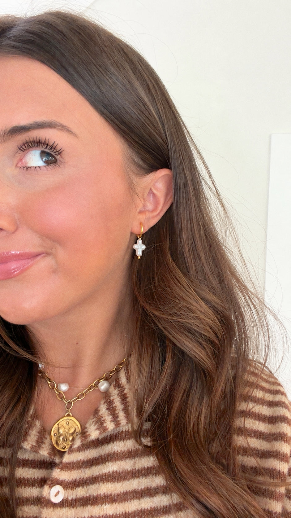 Mini Pearl Cross Hoops