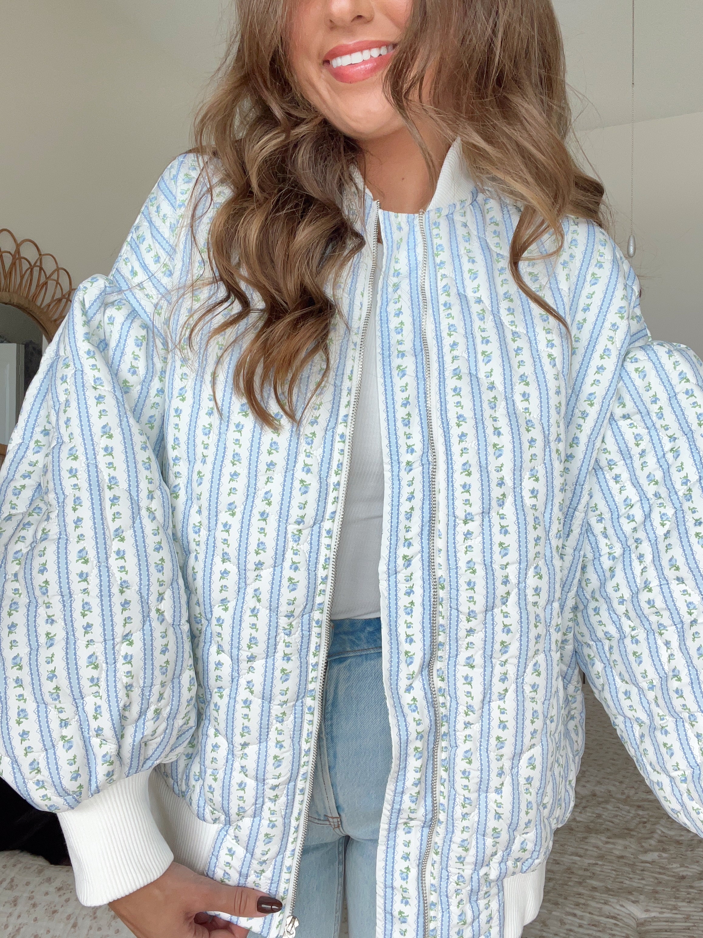 Floral Bomber Jacket - Blue