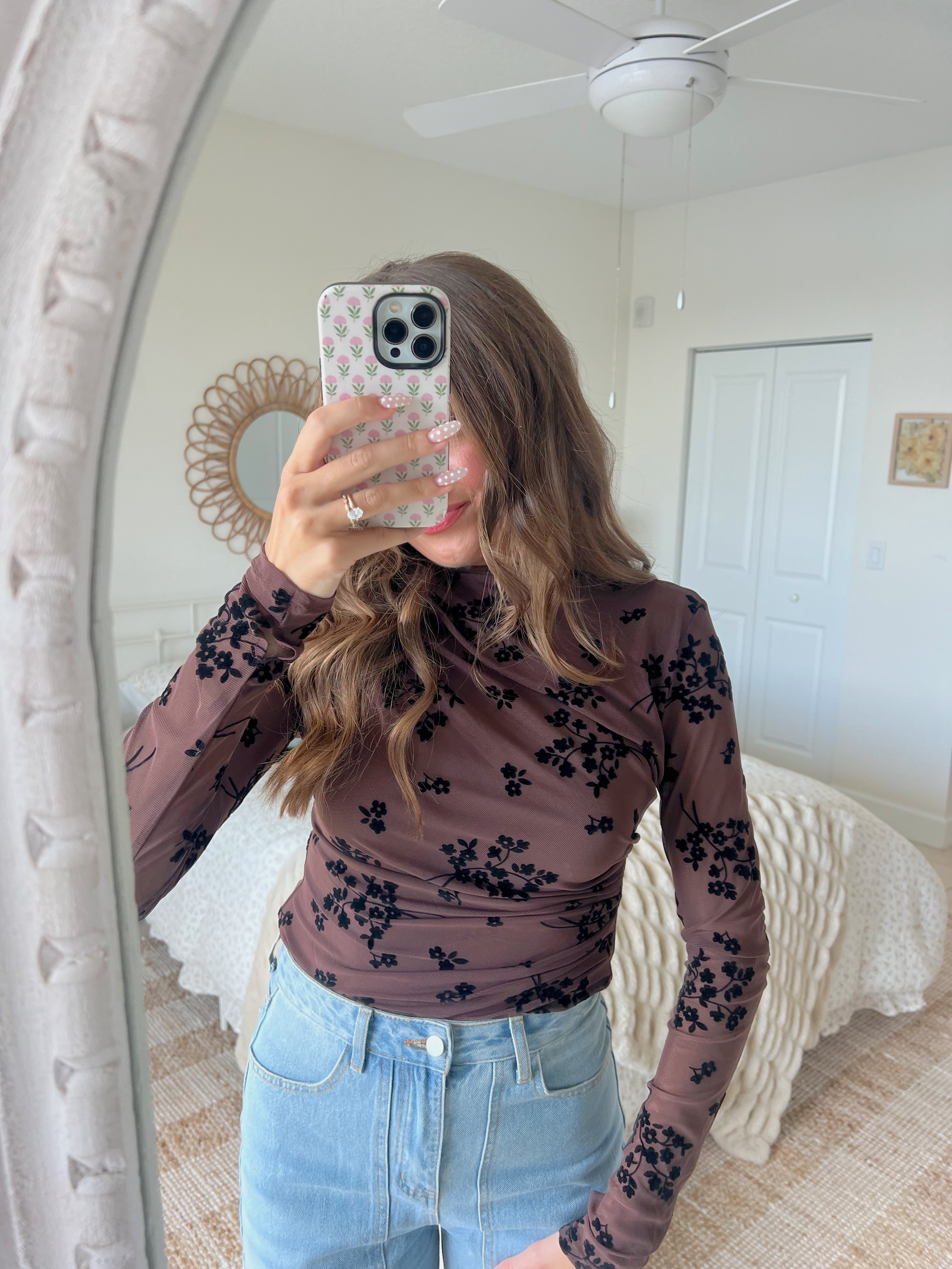 Fleur Mesh Velvet Bodysuit - Brown