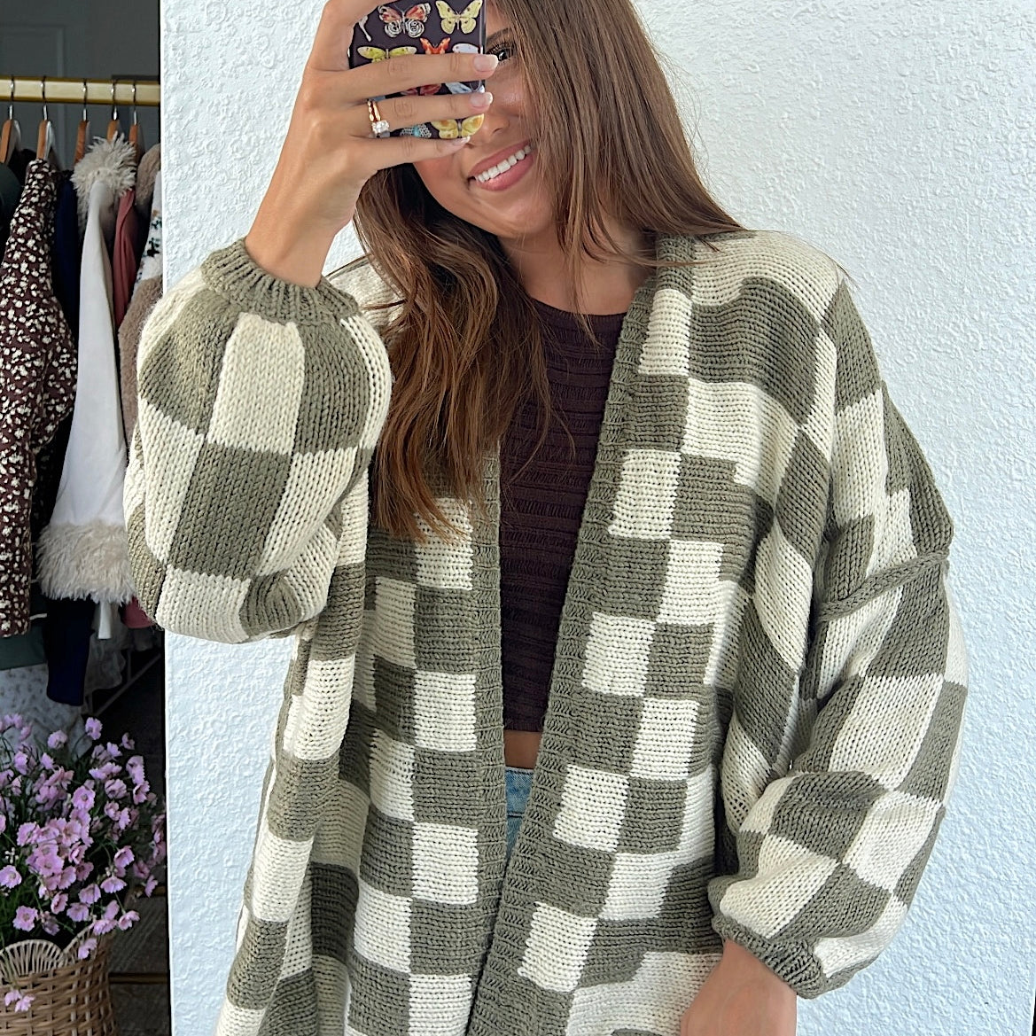 Lola Checkered Cardigan - Olive