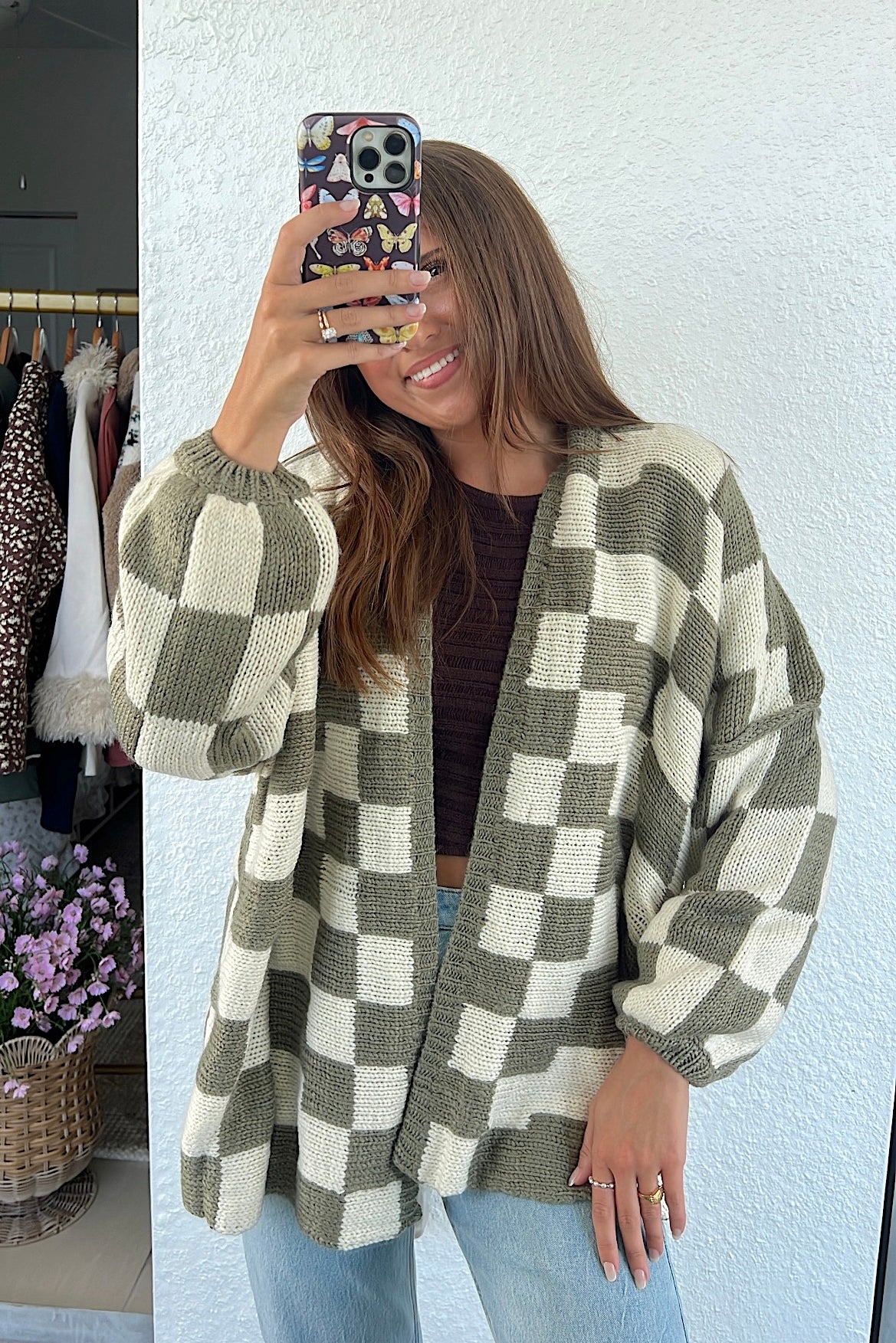 Lola Checkered Cardigan - Olive