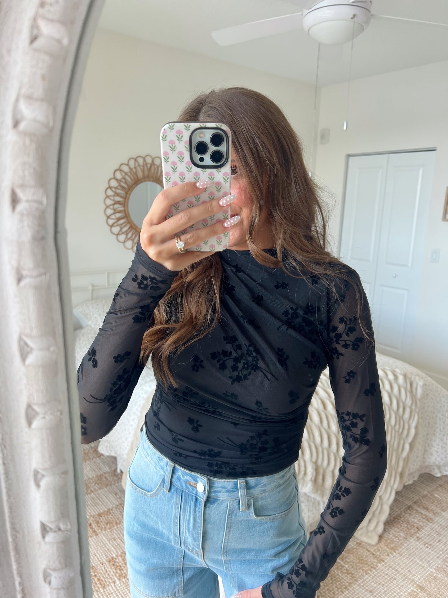 FLEUR MESH VELVET BODYSUIT - BLACK