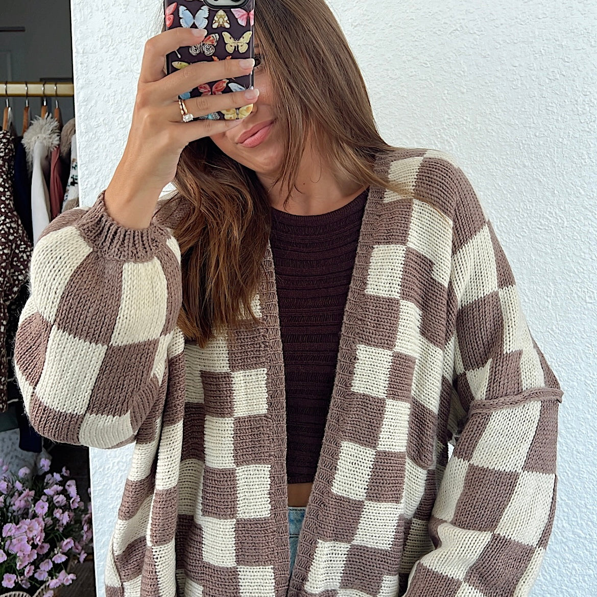 Lola Checkered Cardigan - Espresso