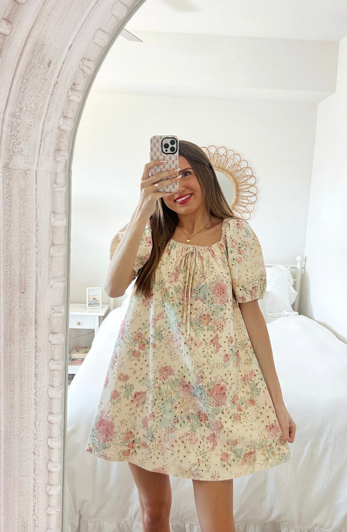 EYELET FLORAL MINI DRESS