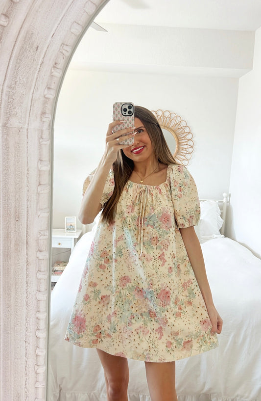 EYELET FLORAL MINI DRESS