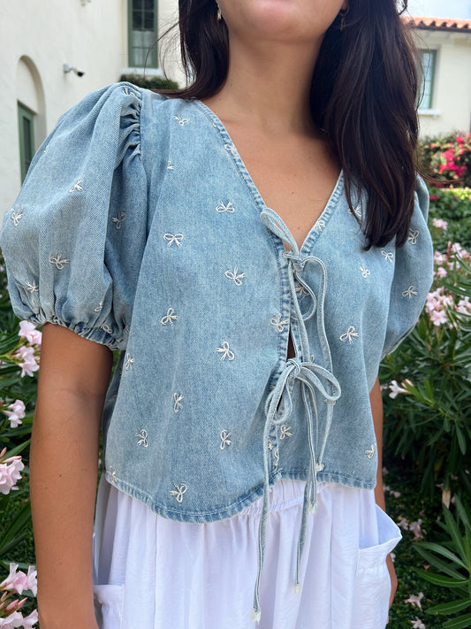 BOW PUFF SLEEVE TIE TOP