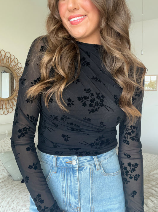 FLEUR MESH VELVET BODYSUIT - BLACK