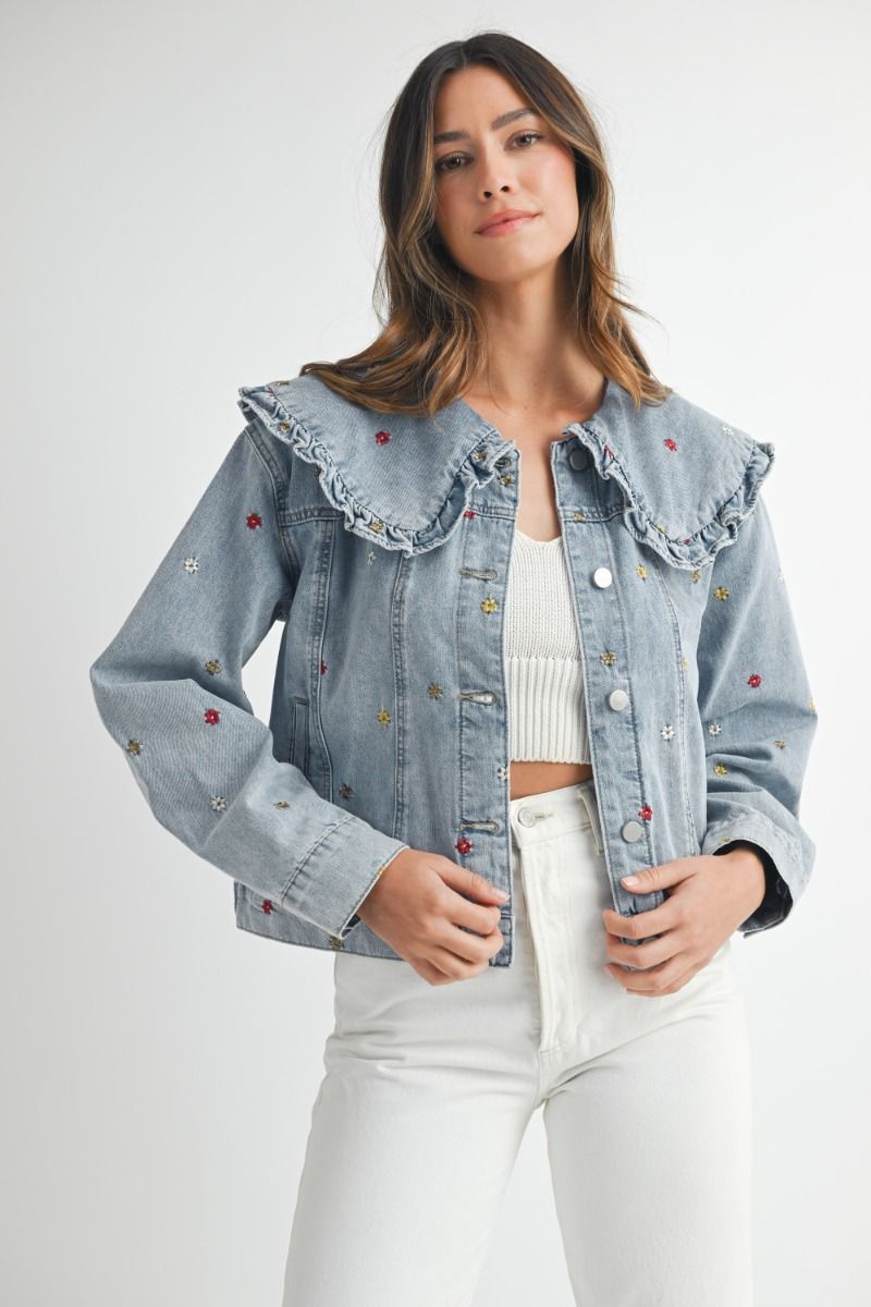 Flower Embroidered Jean Jacket