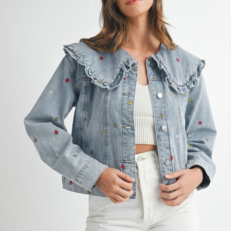 Flower Embroidered Jean Jacket